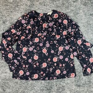 Ella Moon Floral Ruffle Blouse Womens Size S Black Pink Long Sleeve Cottagecore